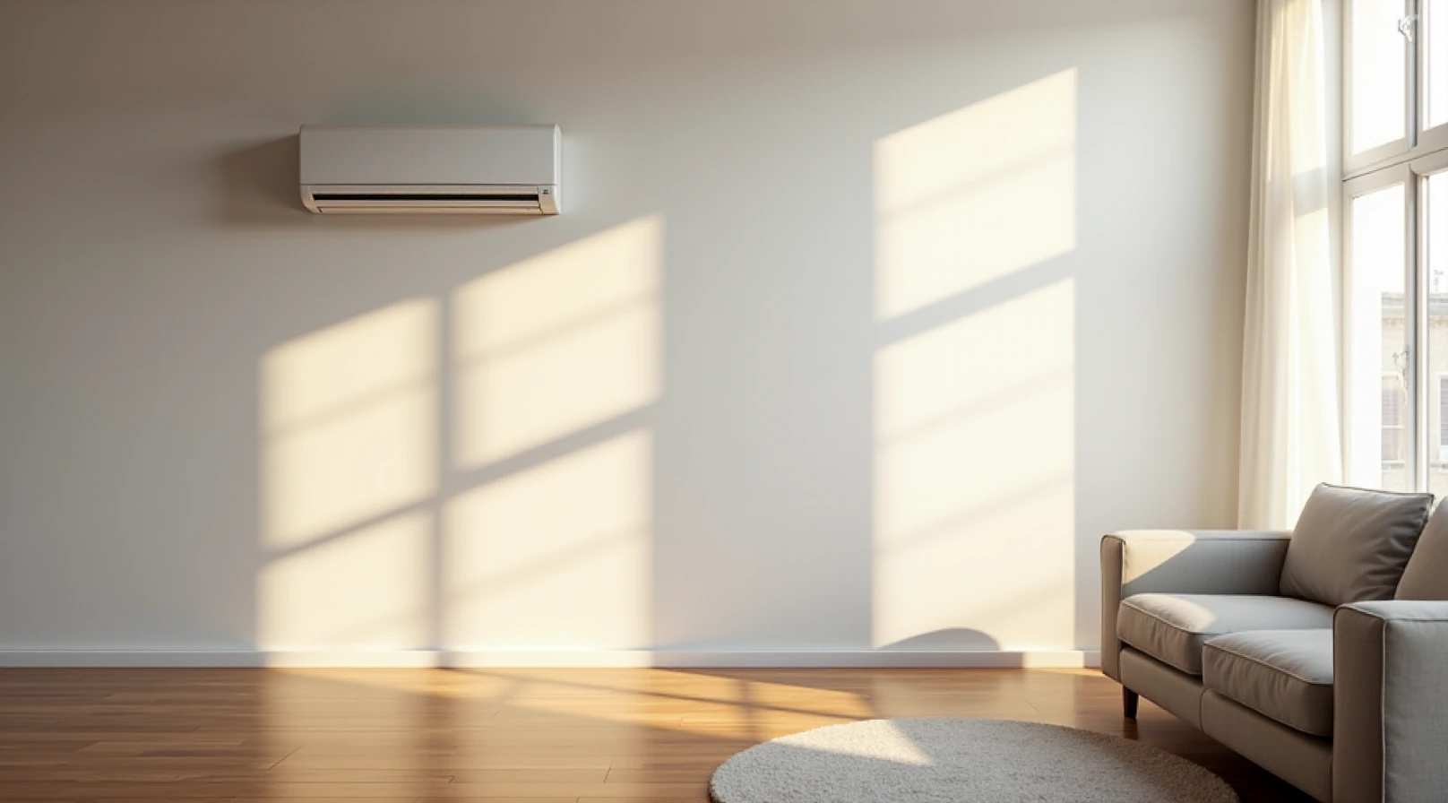 Salon z klimatyzatorem ściennym zawieszonym nad dużym oknem